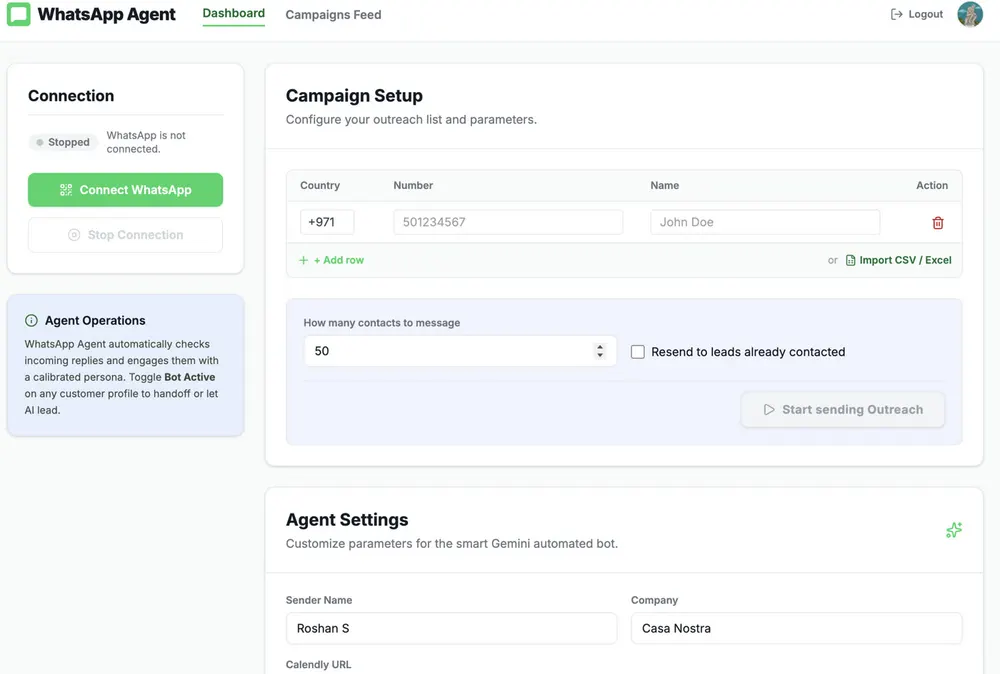 Whatsapp Agent interface